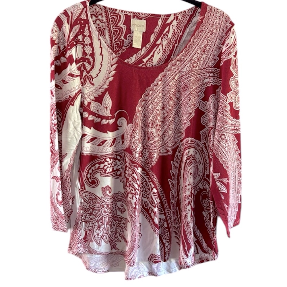 Chico’s Women’s Top 3/4 Sleeve Red White Print size 1 / medium